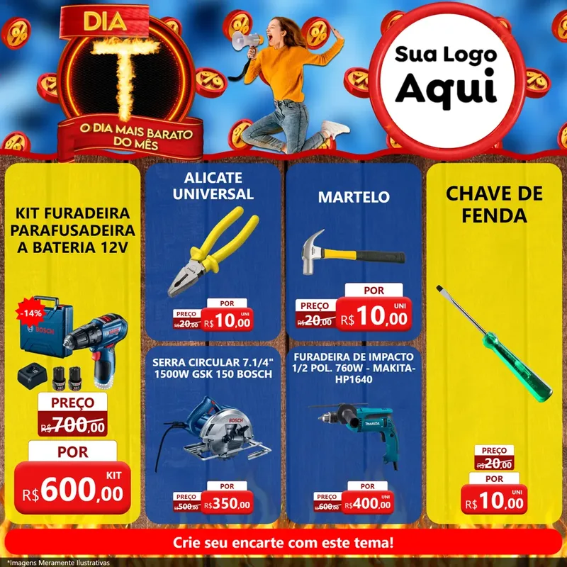 Modelo de Rede Social para Feed Facebook com o tema Dia T - O Dia Mais Barato Do Mês para Maquinas e Ferramentas