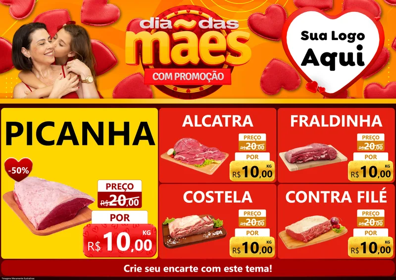 Modelo de Encarte para Encarte A4 Horizontal com o tema Dia das Mães com Promoção para Açougue