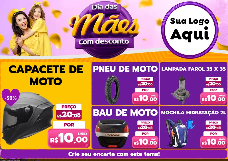 Modelo de Encarte para Encarte A4 Horizontal com o tema Dia das Mães com Desconto para Moto peças