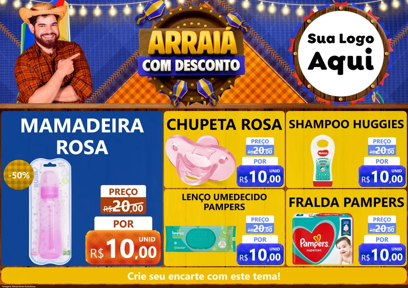 Modelo de Encarte para Encarte A4 Horizontal com o tema Arraiá Com Desconto para Bebês
