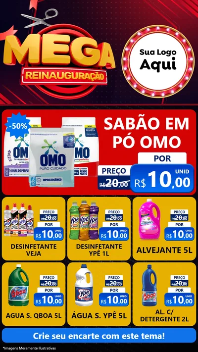 Modelo de Rede Social para Stories com o tema Mega Reinauguração para Produtos de Limpeza