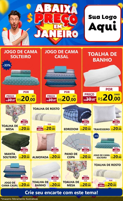 Modelo de Encarte para Encarte Grande com o tema Abaixa Preço em Janeiro para Cama, Mesa e Banho