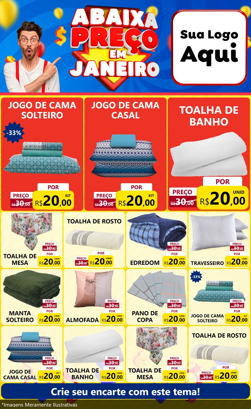 Modelo de Encarte para Encarte Grande com o tema Abaixa Preço em Janeiro para Cama, Mesa e Banho