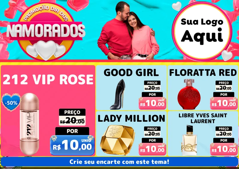 Modelo de Encarte para Encarte A4 Horizontal com o tema Promoção Dia dos Namorados para Perfumes