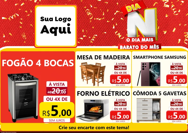 Modelo de Encarte para Encarte A4 Horizontal com o tema Dia N o Dia Mais Barato do Mês para Móveis e Eletro