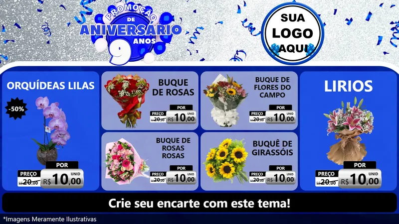 Modelo de TV para TV Horizontal com o tema Promoção de Aniversário - 9 Anos para Floricultura e jardim