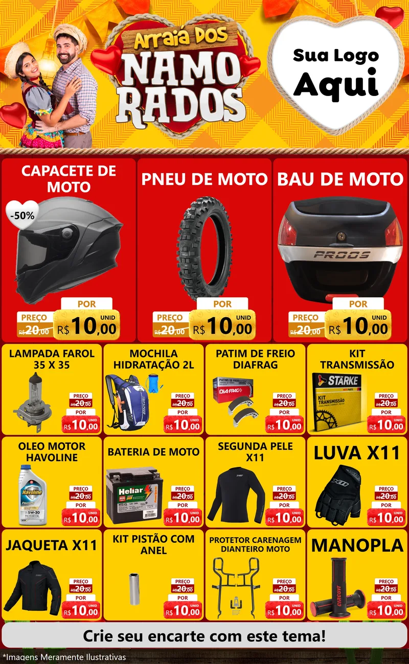 Modelo de Encarte para Encarte Grande com o tema Arraiá dos Namorados para Moto peças