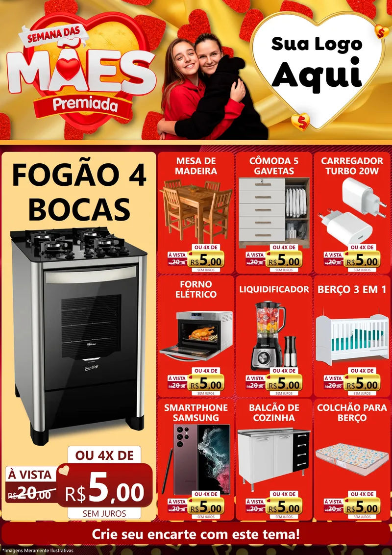 Modelo de Encarte para Encarte A4 Vertical com o tema Semana das Mães Premiada para Móveis e Eletro