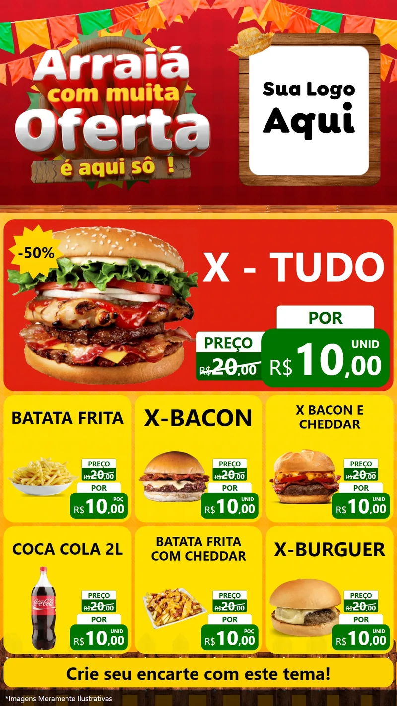 Modelo de Rede Social para Stories com o tema Arraiá Com Muita Oferta - É Aqui Sô! para Hamburgueria