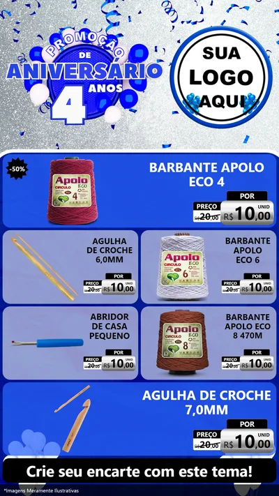 Modelo de TV para TV Vertical com o tema Promoção de Aniversário - 4 Anos para Armarinho e Aviamentos