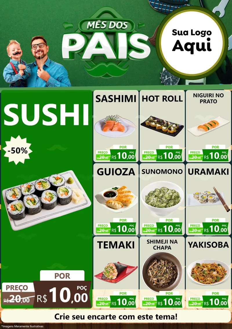 Modelo de Encarte para Encarte A4 Vertical com o tema Mês dos Pais para Comida japonesa