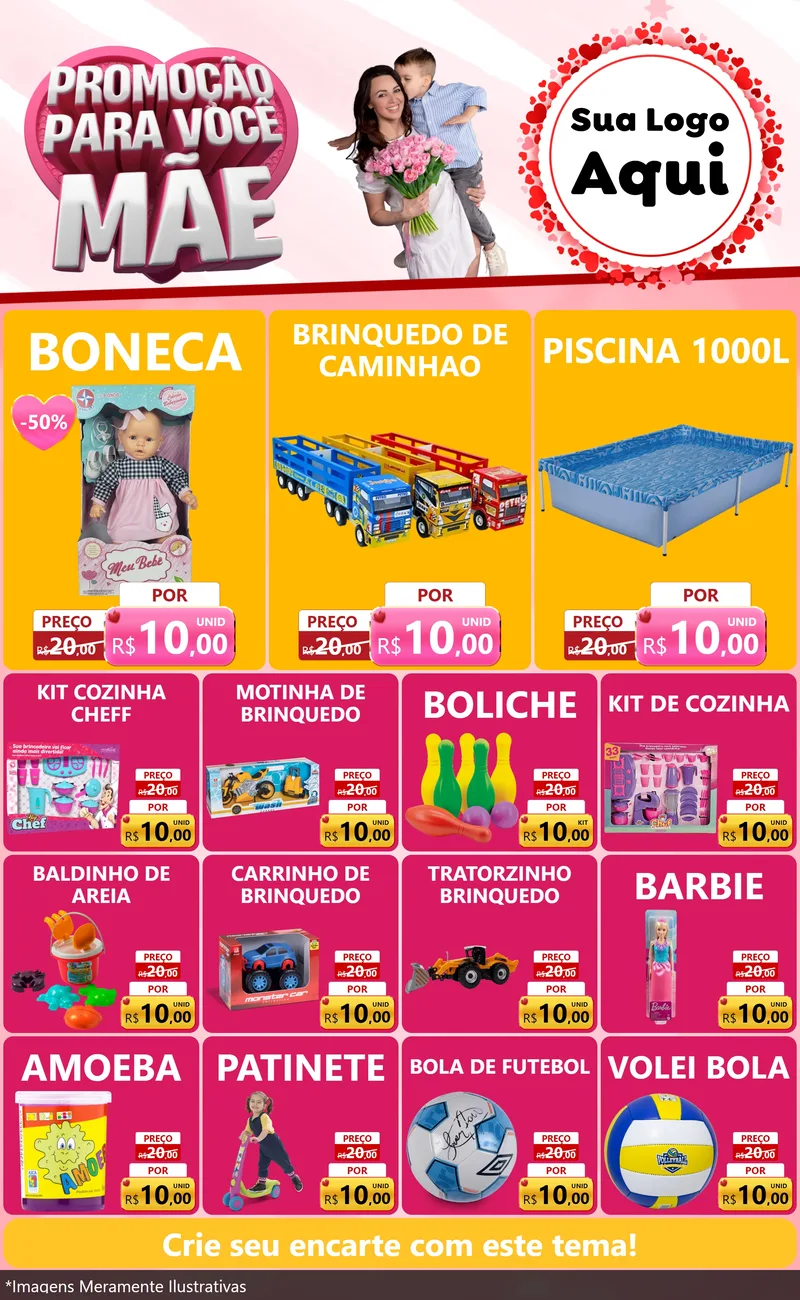 Modelo de Encarte para Encarte Grande com o tema Promoção Para Você Mãe para Brinquedos