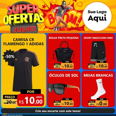 Modelo de Rede Social para Feed Facebook com o tema Super Ofertas Julho para Roupas e acessórios