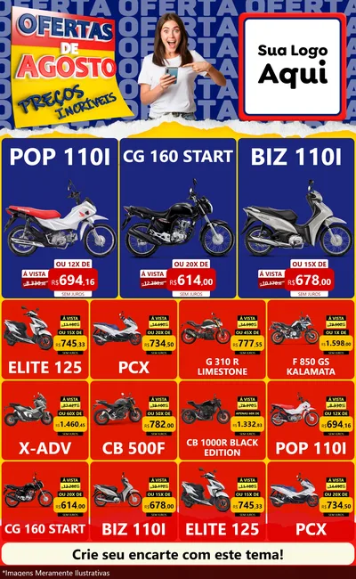 Modelo de Encarte para Encarte Grande com o tema Ofertas de Agosto - Preços Incríveis para Concessionaria de Motos