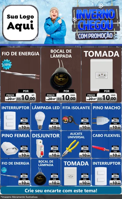 Modelo de Encarte para Encarte Grande com o tema Inverno Chegou Com Promoção para Materiais Elétricos