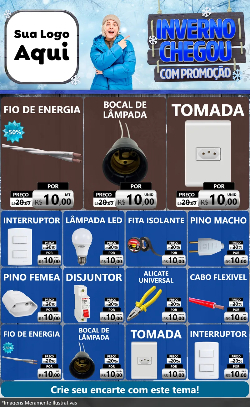 Modelo de Encarte para Encarte Grande com o tema Inverno Chegou Com Promoção para Materiais Elétricos