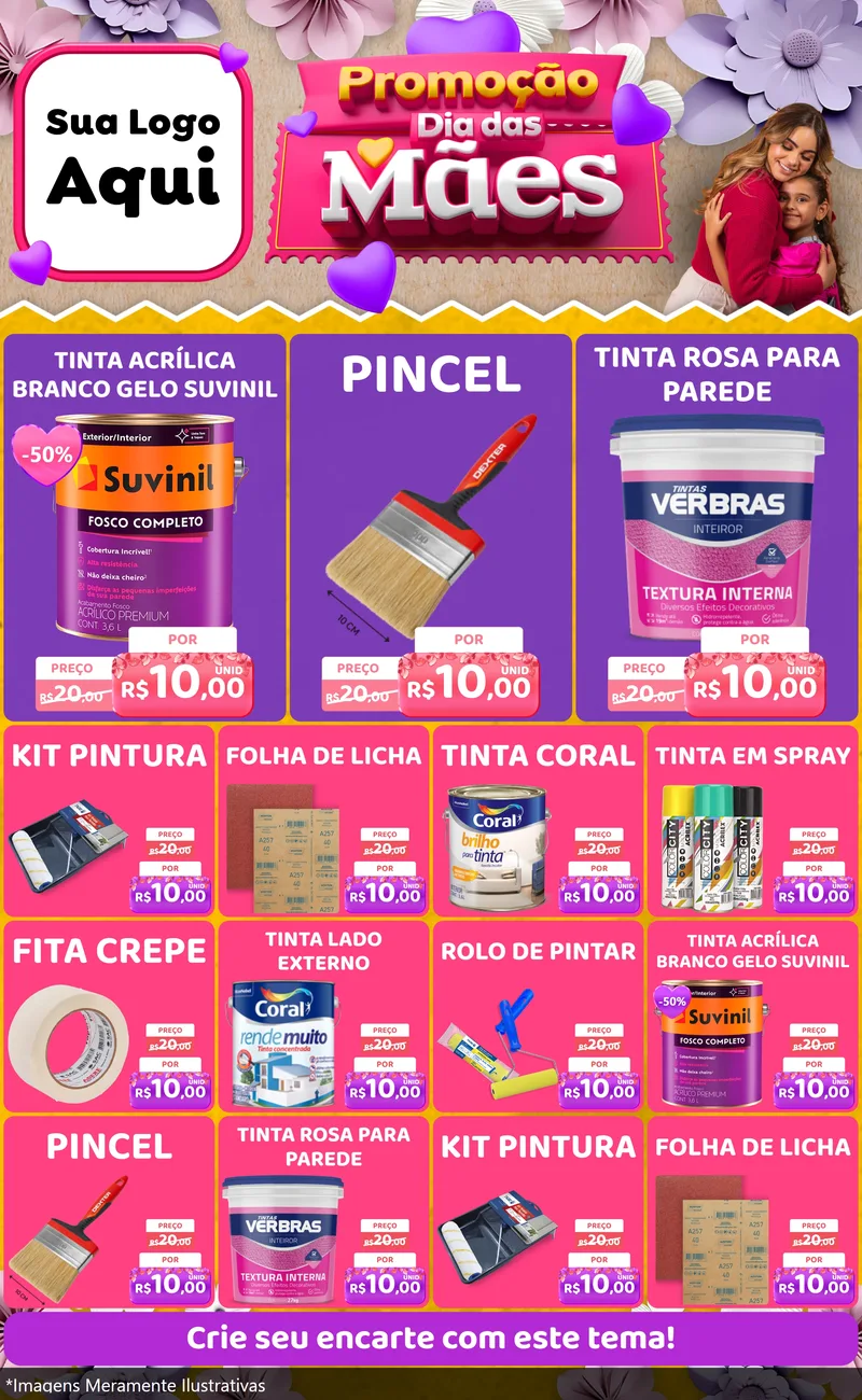 Modelo de Encarte para Encarte Grande com o tema Promoção Dia das Mães para Tintas e Ferramentas