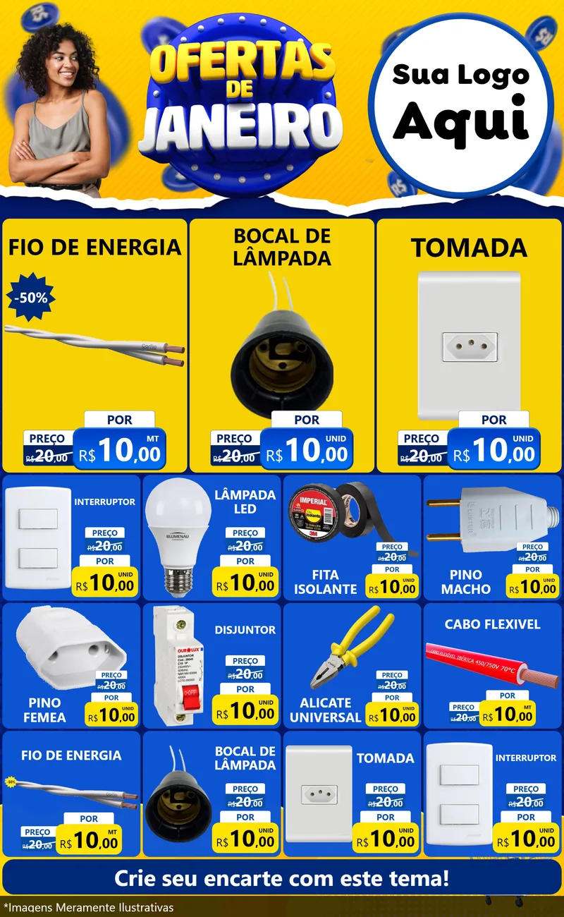 Modelo de Encarte para Encarte Grande com o tema Ofertas de Janeiro para Materiais Elétricos