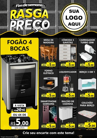 Modelo de Encarte para Encarte A4 Vertical com o tema Fim de Semana Rasga Preço para Móveis e Eletro