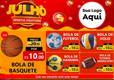 Modelo de Encarte para Encarte A4 Horizontal com o tema Julho Ofertas Imbatíveis para Artigos Esportivos