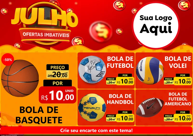 Modelo de Encarte para Encarte A4 Horizontal com o tema Julho Ofertas Imbatíveis para Artigos Esportivos