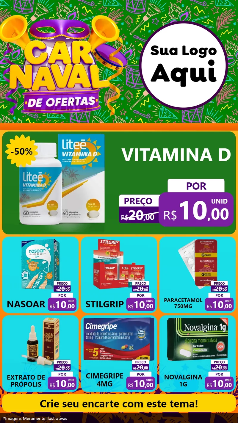 Modelo de Rede Social para Stories com o tema Carnaval de Ofertas para Farmácia