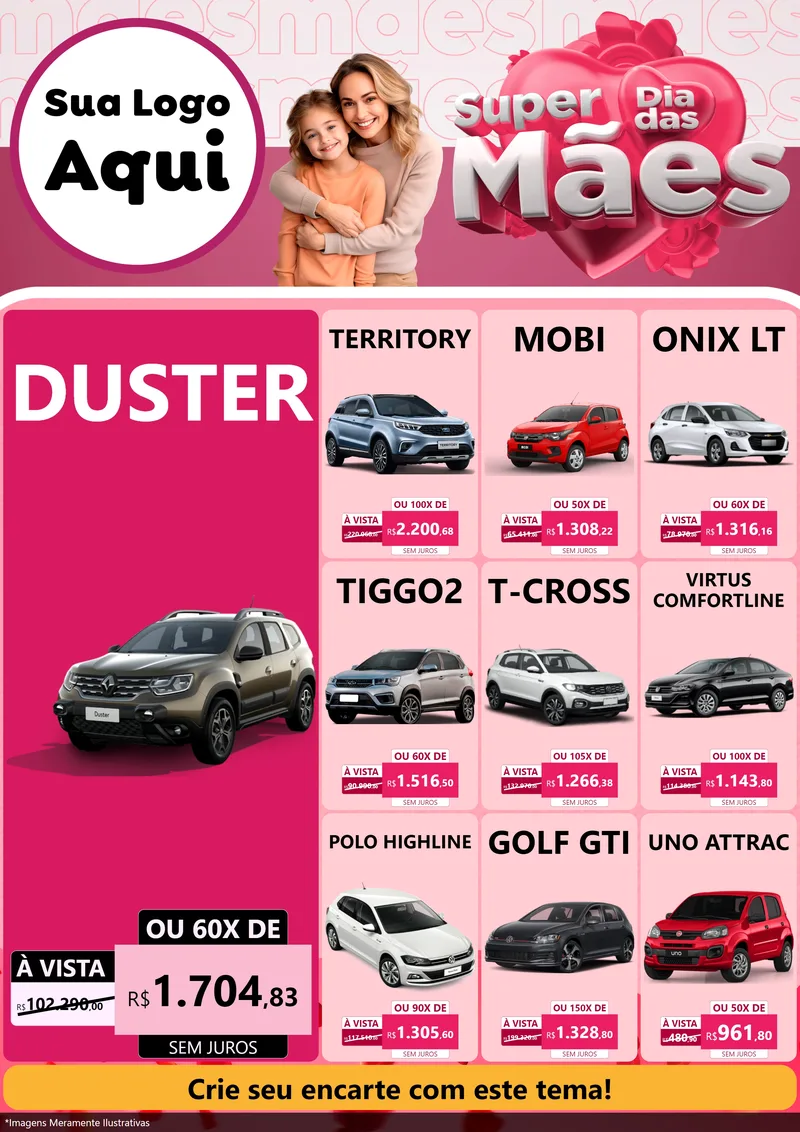 Modelo de Encarte para Encarte A4 Vertical com o tema Super Dia Das Mães para Concessionaria de Carros
