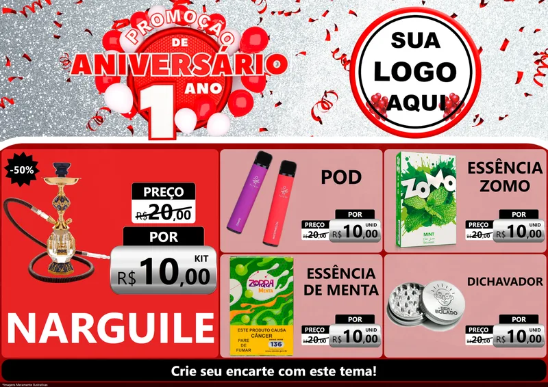 Modelo de Encarte para Encarte A4 Horizontal com o tema Promoção de Aniversário - 1 Ano para Tabacaria