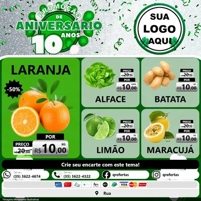 Modelo de Rede Social para Feed Facebook com o tema Promoção de Aniversário - 10 Anos para Hortifrúti