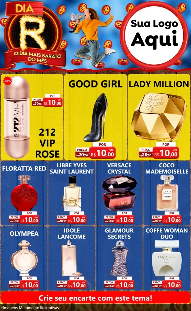 Modelo de Encarte para Encarte Grande com o tema Dia R - O Dia Mais Barato Do Mês para Perfumes