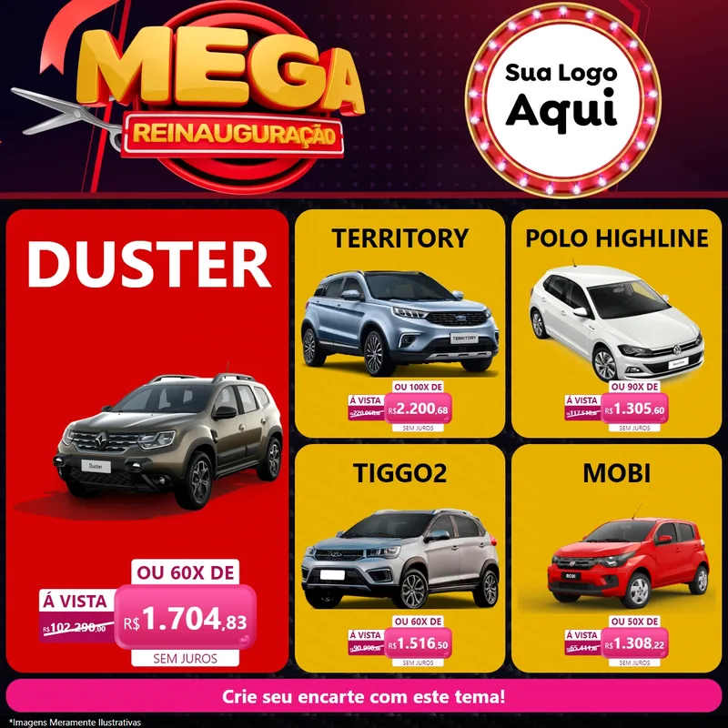 Modelo de Rede Social para Feed Facebook com o tema Mega Reinauguração para Concessionaria de Carros