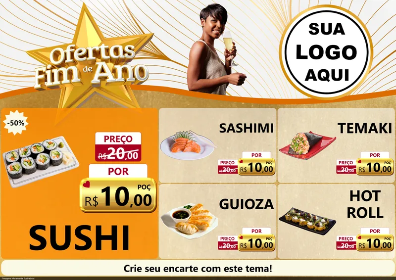 Modelo de Encarte para Encarte A4 Horizontal com o tema Ofertas Fim de Ano para Comida japonesa