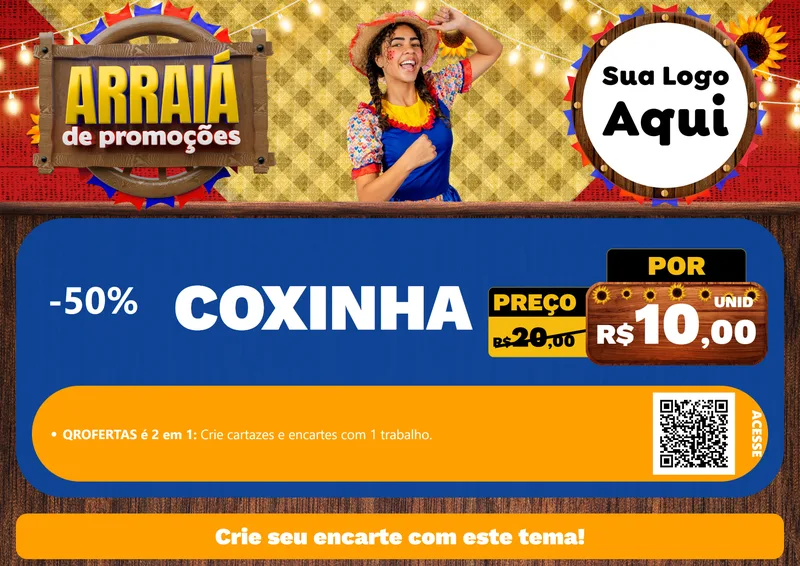 Modelo de Cartaz para Cartaz A4 Horizontal com o tema Arraiá de Promoções para Salgadaria