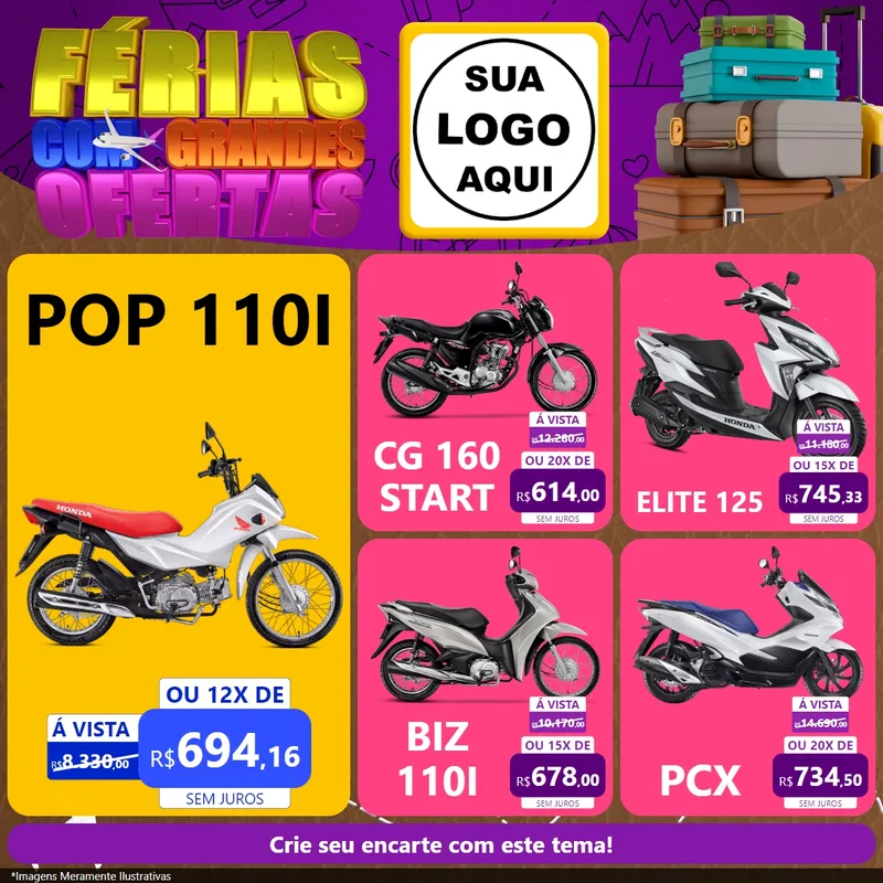 Modelo de Rede Social para Feed Facebook com o tema Férias com Grandes Ofertas para Concessionaria de Motos