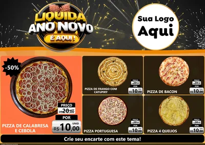 Modelo de Encarte para Encarte A4 Horizontal com o tema Liquida Ano Novo É Aqui! para Pizzaria