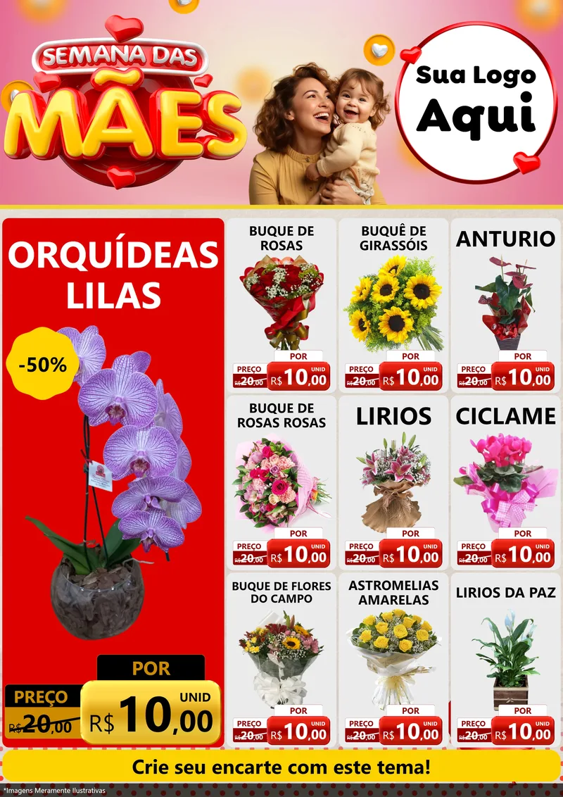 Modelo de Encarte para Encarte A4 Vertical com o tema Semana das Mães para Floricultura e jardim