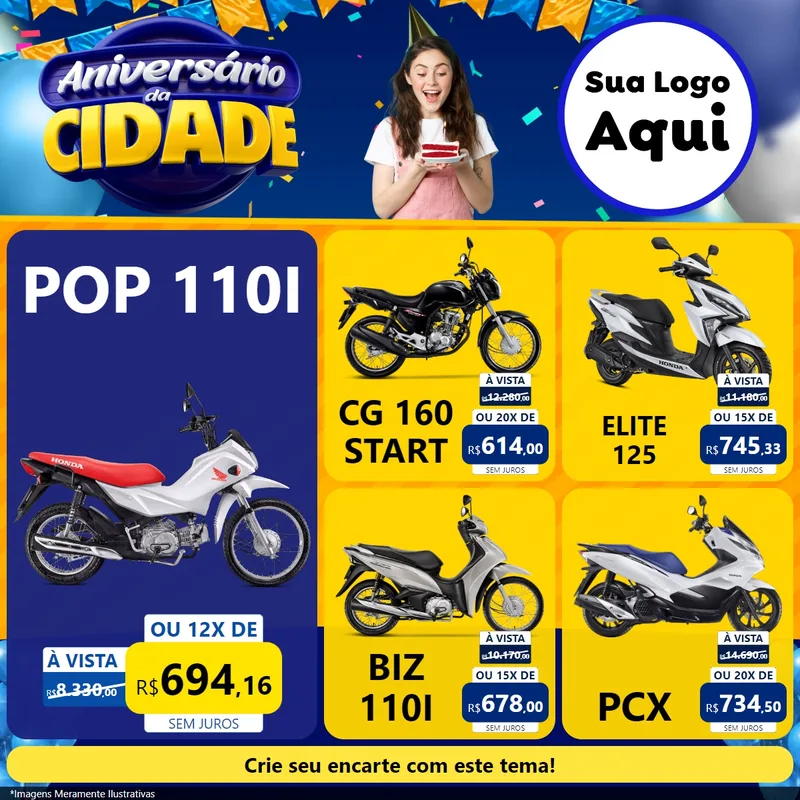 Modelo de Rede Social para Feed Facebook com o tema Aniversário da Cidade para Concessionaria de Motos