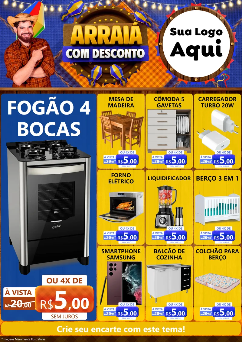 Modelo de Encarte para Encarte A4 Vertical com o tema Arraiá Com Desconto para Móveis e Eletro