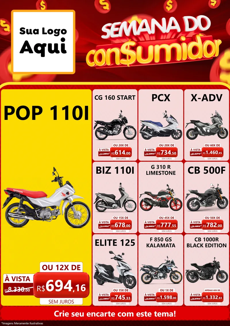 Modelo de Encarte para Encarte A4 Vertical com o tema Semana do Consumidor para Concessionaria de Motos