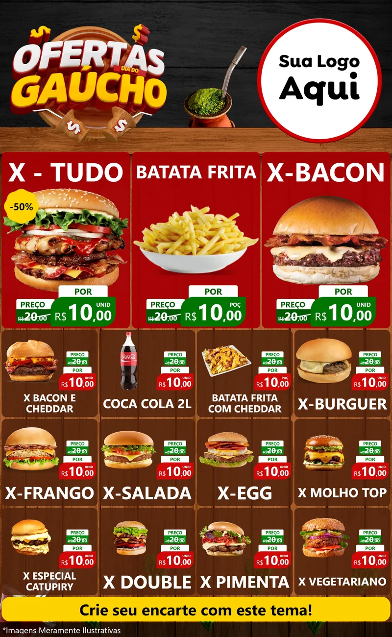 Modelo de Encarte para Encarte Grande com o tema Ofertas Dia do Gaúcho para Hamburgueria