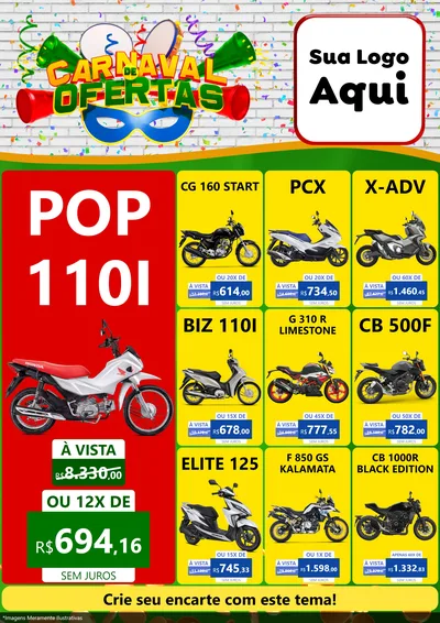 Modelo de Encarte para Encarte A4 Vertical com o tema Carnaval de Ofertas para Concessionaria de Motos