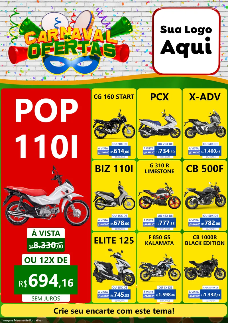 Modelo de Encarte para Encarte A4 Vertical com o tema Carnaval de Ofertas para Concessionaria de Motos