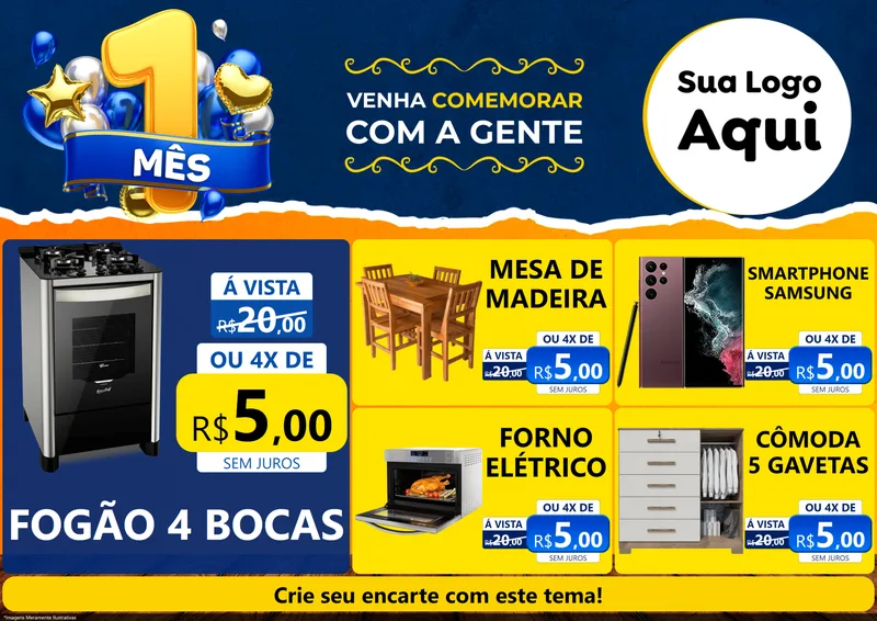 Modelo de Encarte para Encarte A4 Horizontal com o tema Um Mês de Aniversário para Móveis e Eletro