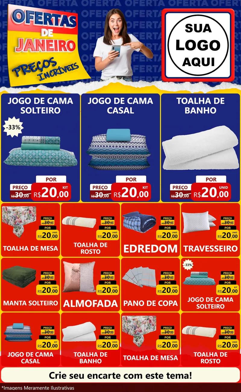 Modelo de Encarte para Encarte Grande com o tema Ofertas de Janeiro - Preços Incríveis para Cama, Mesa e Banho