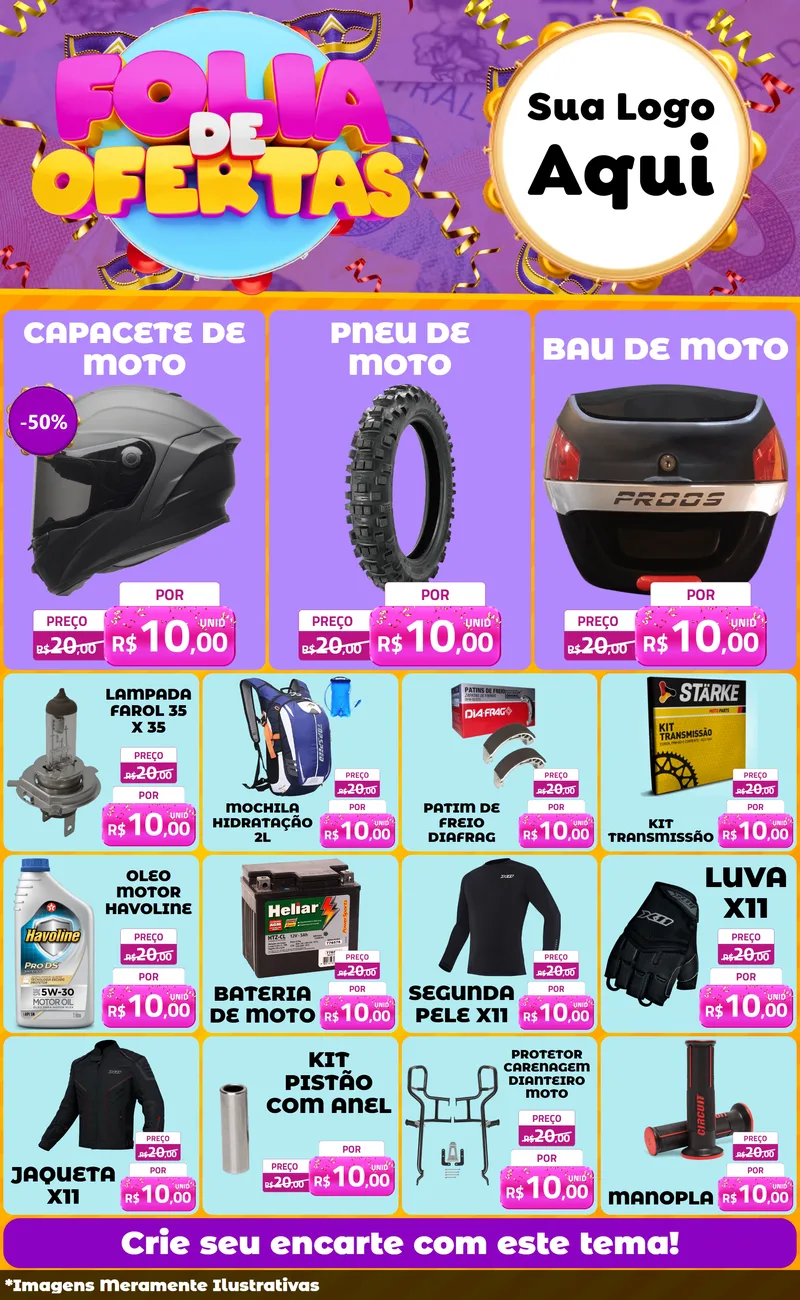Modelo de Encarte para Encarte Grande com o tema Folia de Ofertas para Moto peças