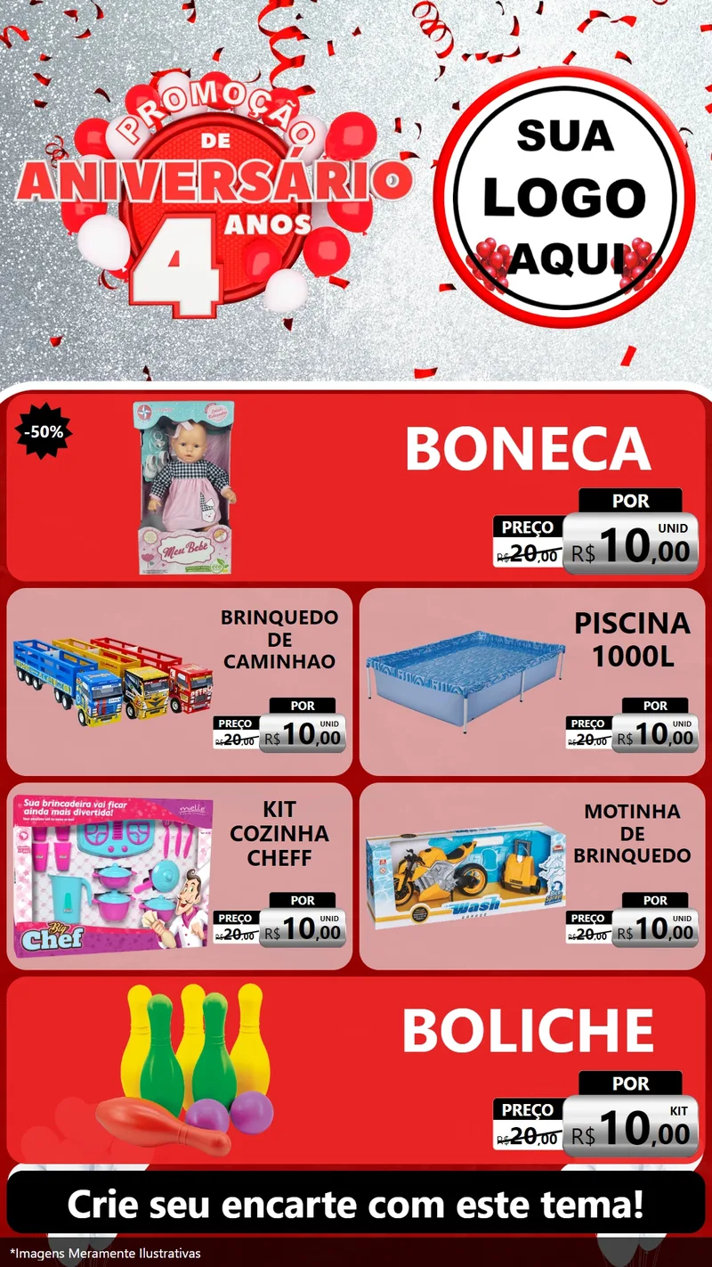 Modelo de TV para TV Vertical com o tema Promoção de Aniversário - 4 Anos para Brinquedos