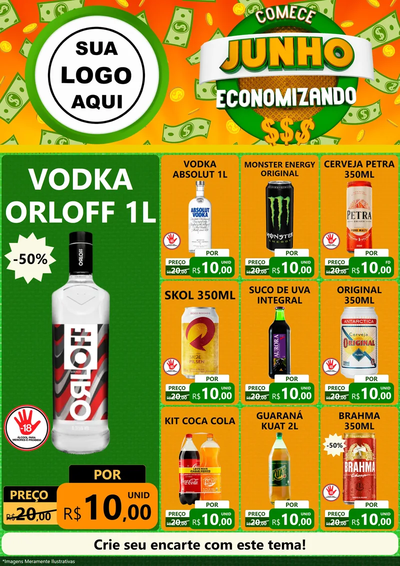 Modelo de Encarte para Encarte A4 Vertical com o tema Comece Junho Economizando para Distribuidora de bebidas