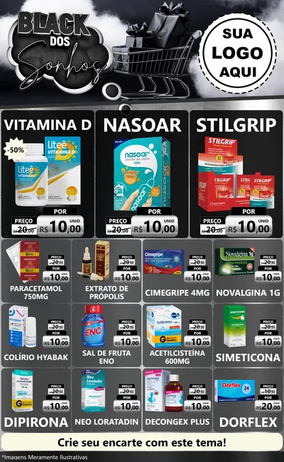 Modelo de Encarte para Encarte Grande com o tema Black dos Sonhos para Farmácia