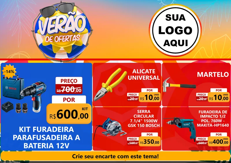 Modelo de Encarte para Encarte A4 Horizontal com o tema Verão de Ofertas para Maquinas e Ferramentas