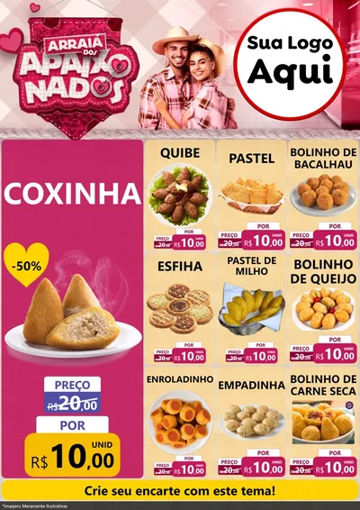 Modelo de Encarte para Encarte A4 Vertical com o tema Arraiá dos Apaixonados - Junina para Salgadaria